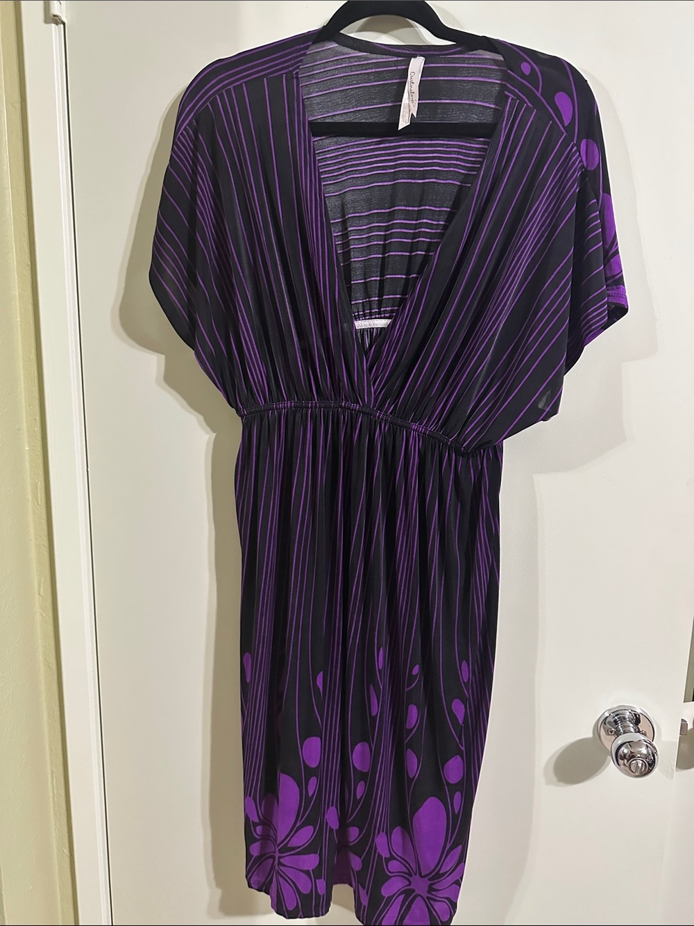 Cristinalove Black and Purple Striped Floral V-Neck Midi Dress